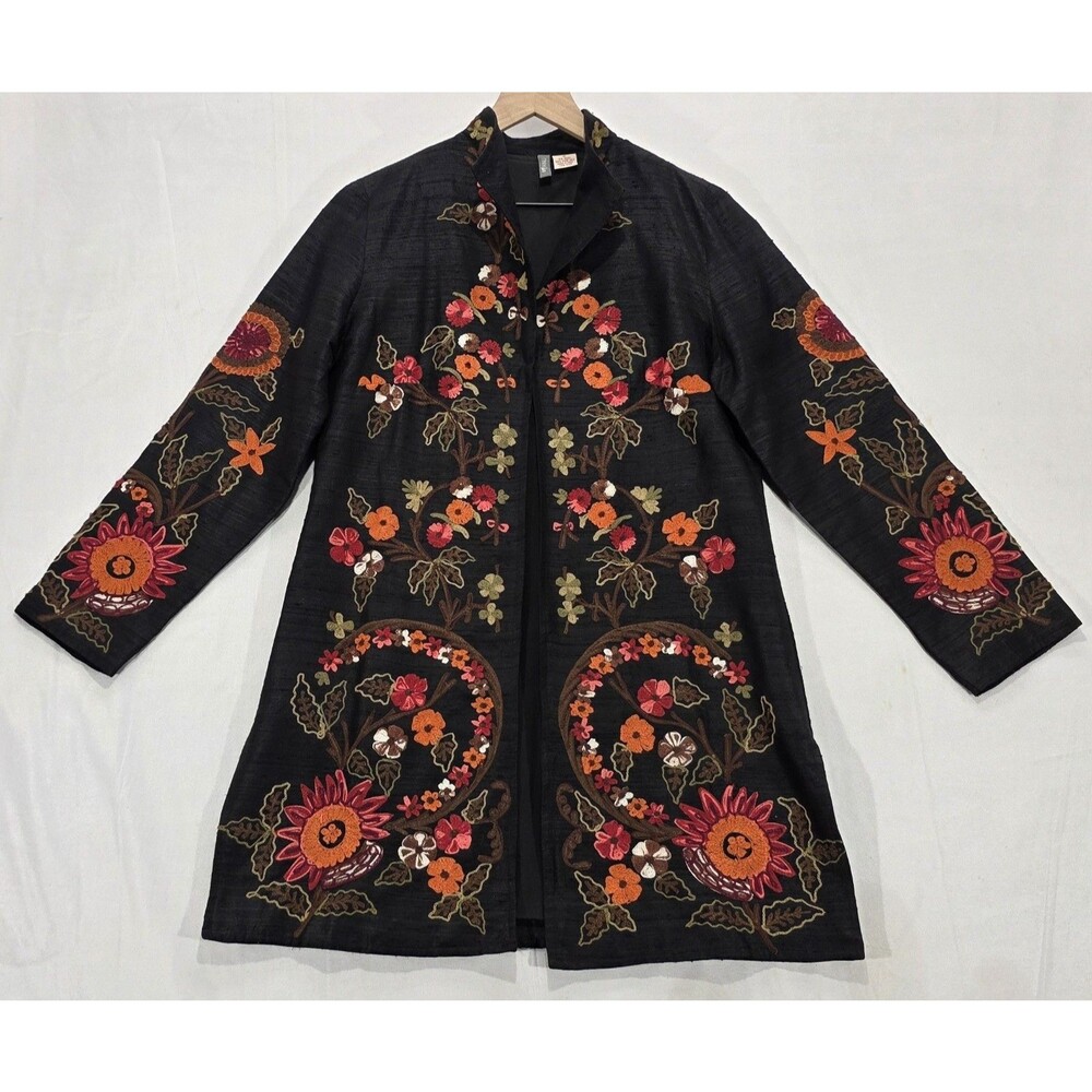 Anu Embroidered 100% Silk Duster Jacket S Black Floral Boho Lagenlook Art Wear